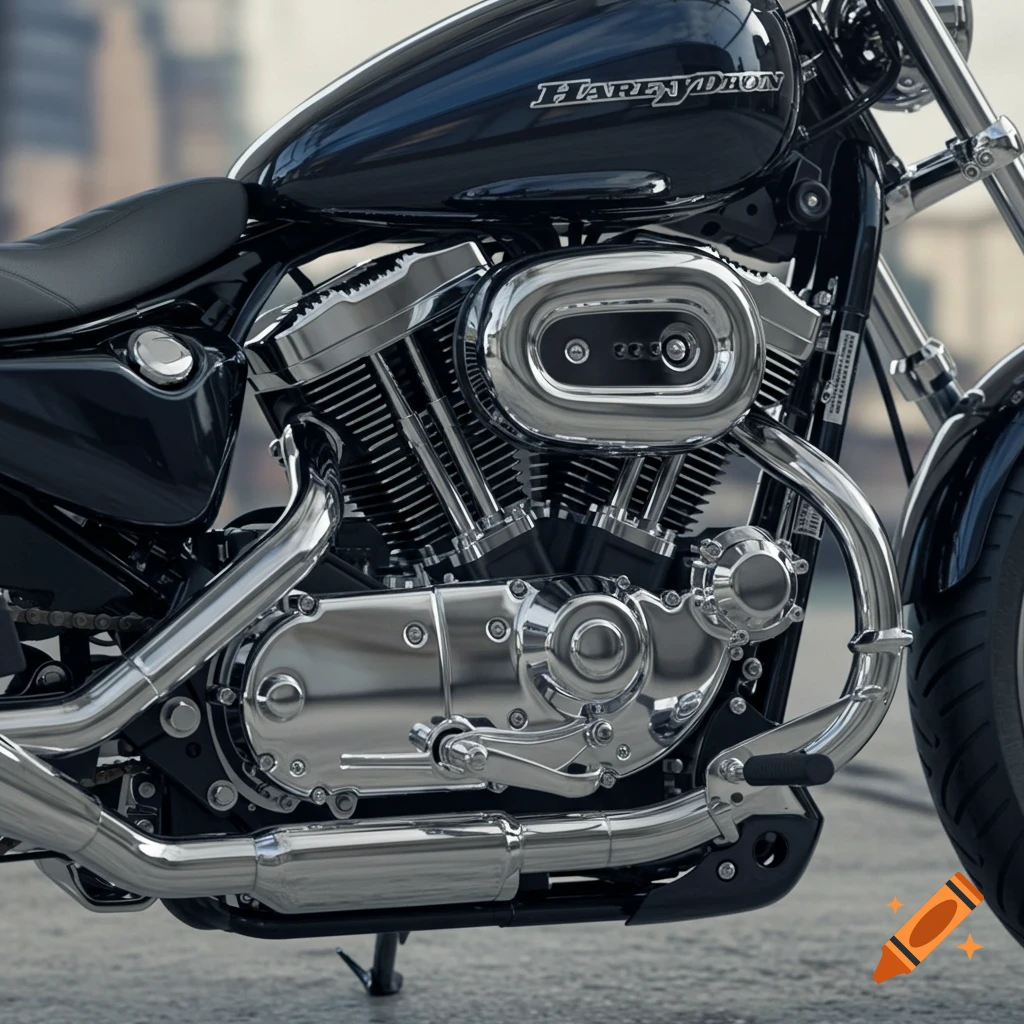 Close-up of a black Harley-Davidson motorcycle engine with shiny chrome details, photorealistic.