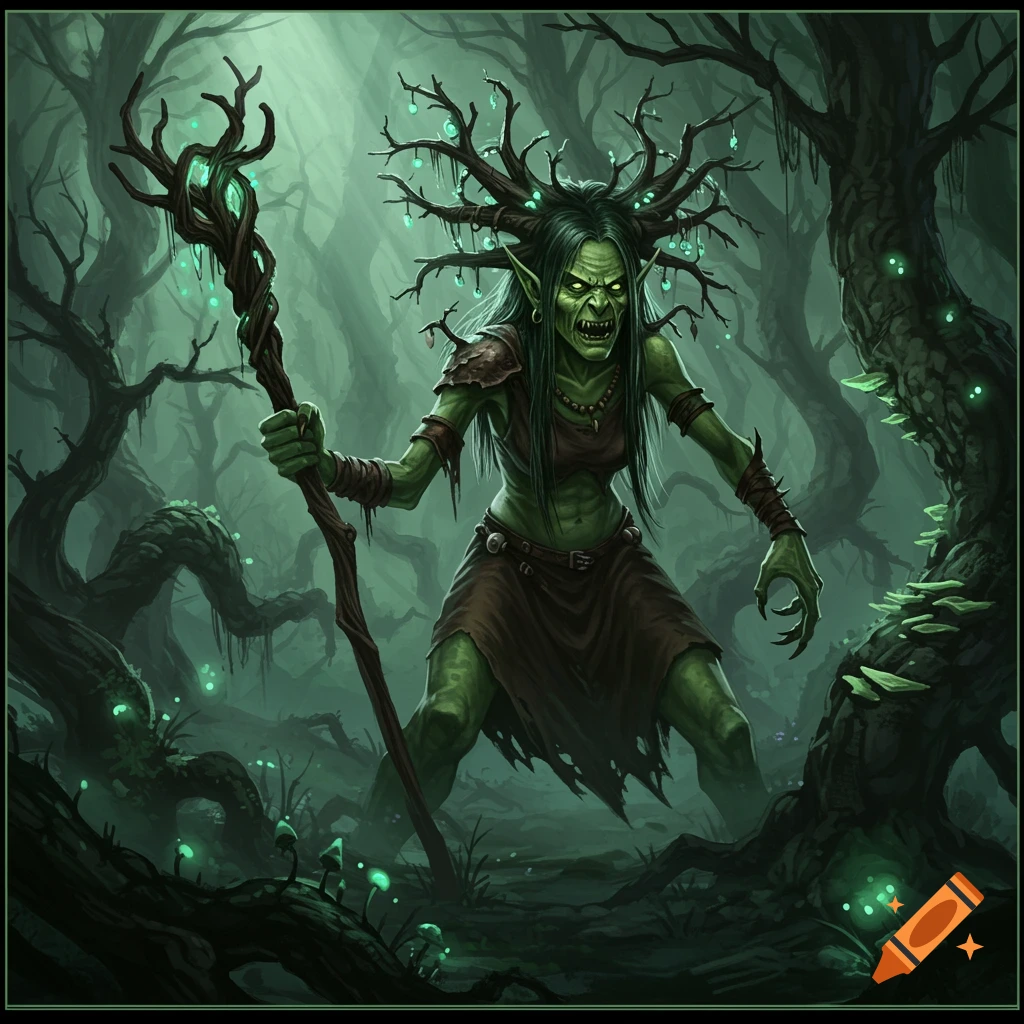 A menacing green hag with glowing eyes and thorny branches on her head stands in a dark, misty swamp, holding a gnarled staff.