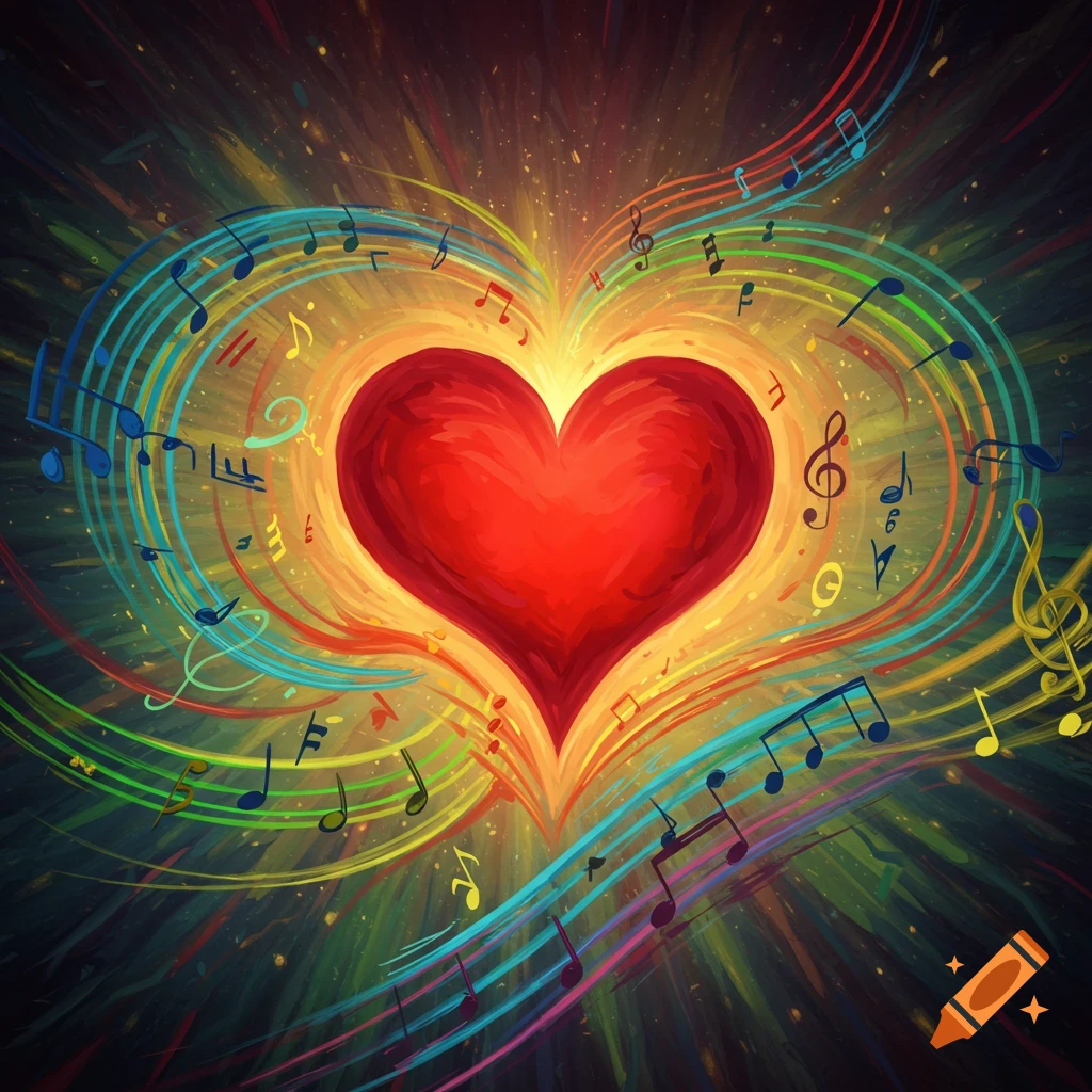 An abstract, vibrant heart glows with yellow and orange light, surrounded by swirling colorful lines and various musical notes and symbols in a dark background.