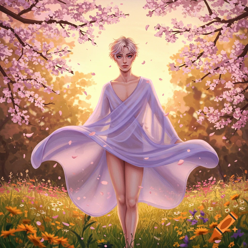 A fem-boy in a sheer purple robe stands in a field of flowers under blooming cherry blossom trees.