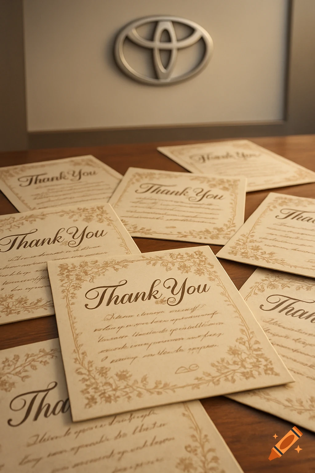 Close-up of several thank you cards scattered on a wooden table, with a blurred silver Toyota logo on a wall in the background.