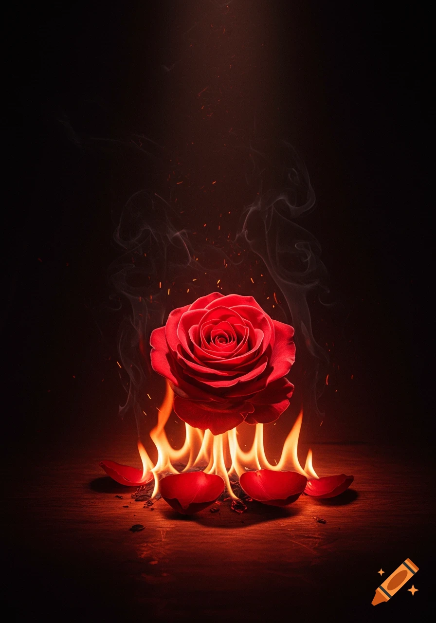 A single red rose appears to float above flames, with smoke and sparks rising in a dark, gothic-style setting.