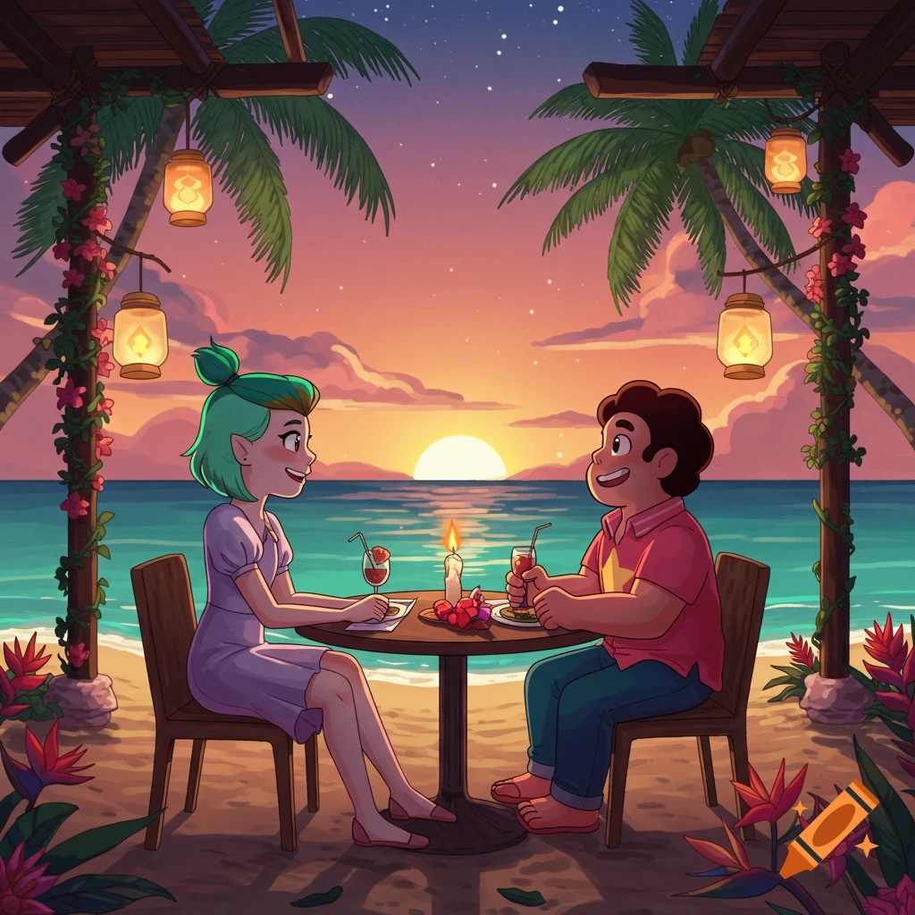 Cartoon characters Amity Blight and Steven Universe share a romantic dinner on a beach at sunset, with palm trees and lanterns around them.