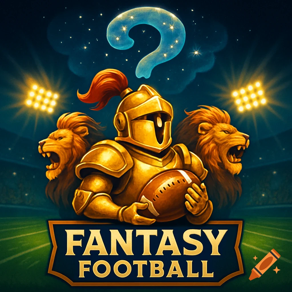 A golden knight holding a football, flanked by two roaring lions, under a starry sky with a question mark, above a banner reading "FANTASY FOOTBALL" on a stadium field.