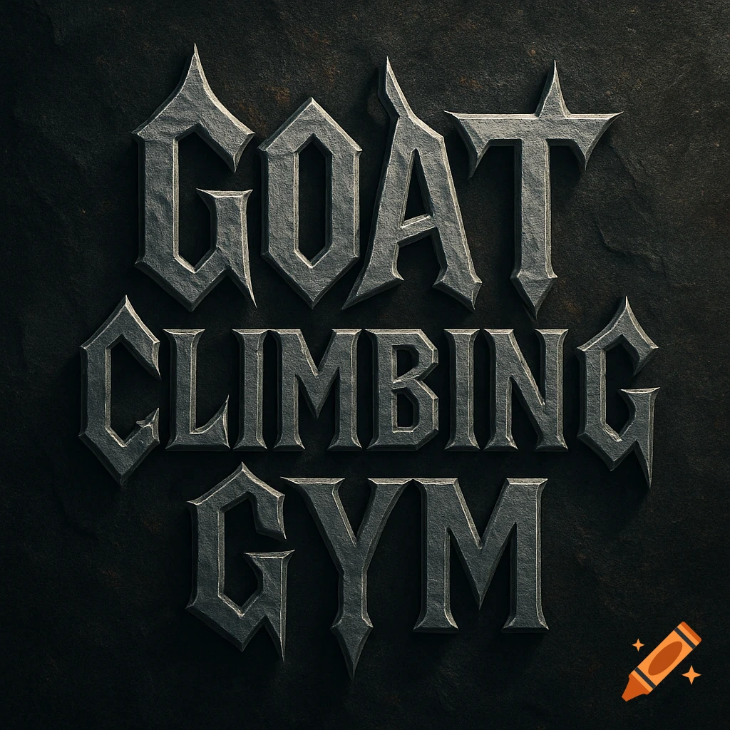 The words 'GOAT CLIMBING GYM' rendered in a dark, textured, heavy metal style font.