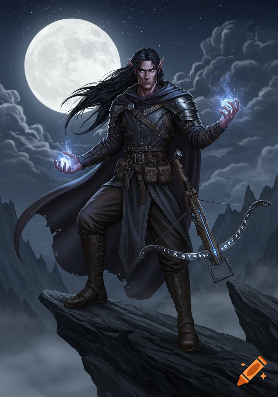 A dark-haired half-elf warlock in armor stands on a cliff under a full moon, holding a glowing blue orb of magic and a crossbow.