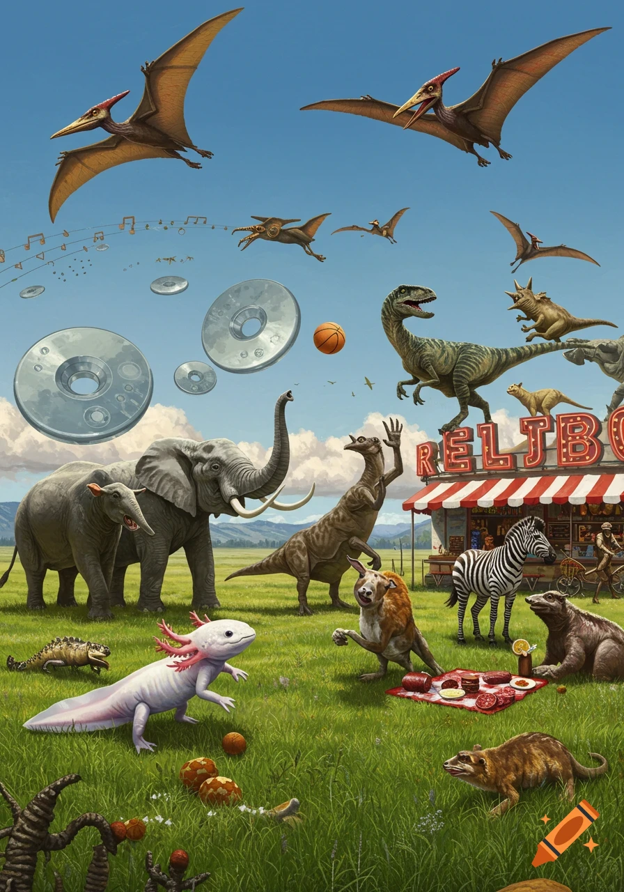 A surreal grassy landscape featuring elephants, dinosaurs, axolotl, zebras, and other creatures, with floating CDs and a red-and-white striped shop.