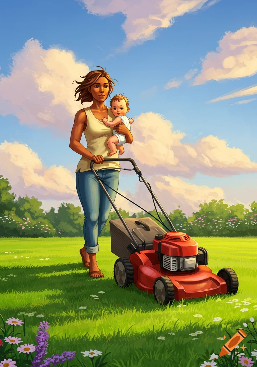 An illustration of a woman carrying a baby while pushing a red lawnmower across a sunny green field with flowers under a blue sky.