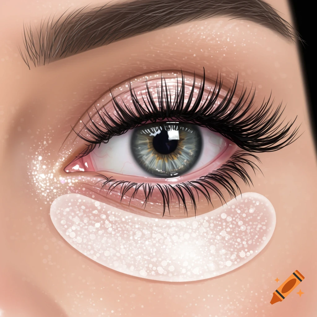 A close-up digital illustration of an eye with long, dark eyelashes, pink glittery eyeshadow, and a sparkling white under-eye patch.
