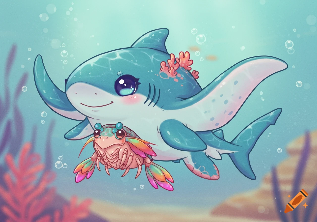 A cute, cartoon blue shark-like creature swims underwater, holding a colorful mantis shrimp.