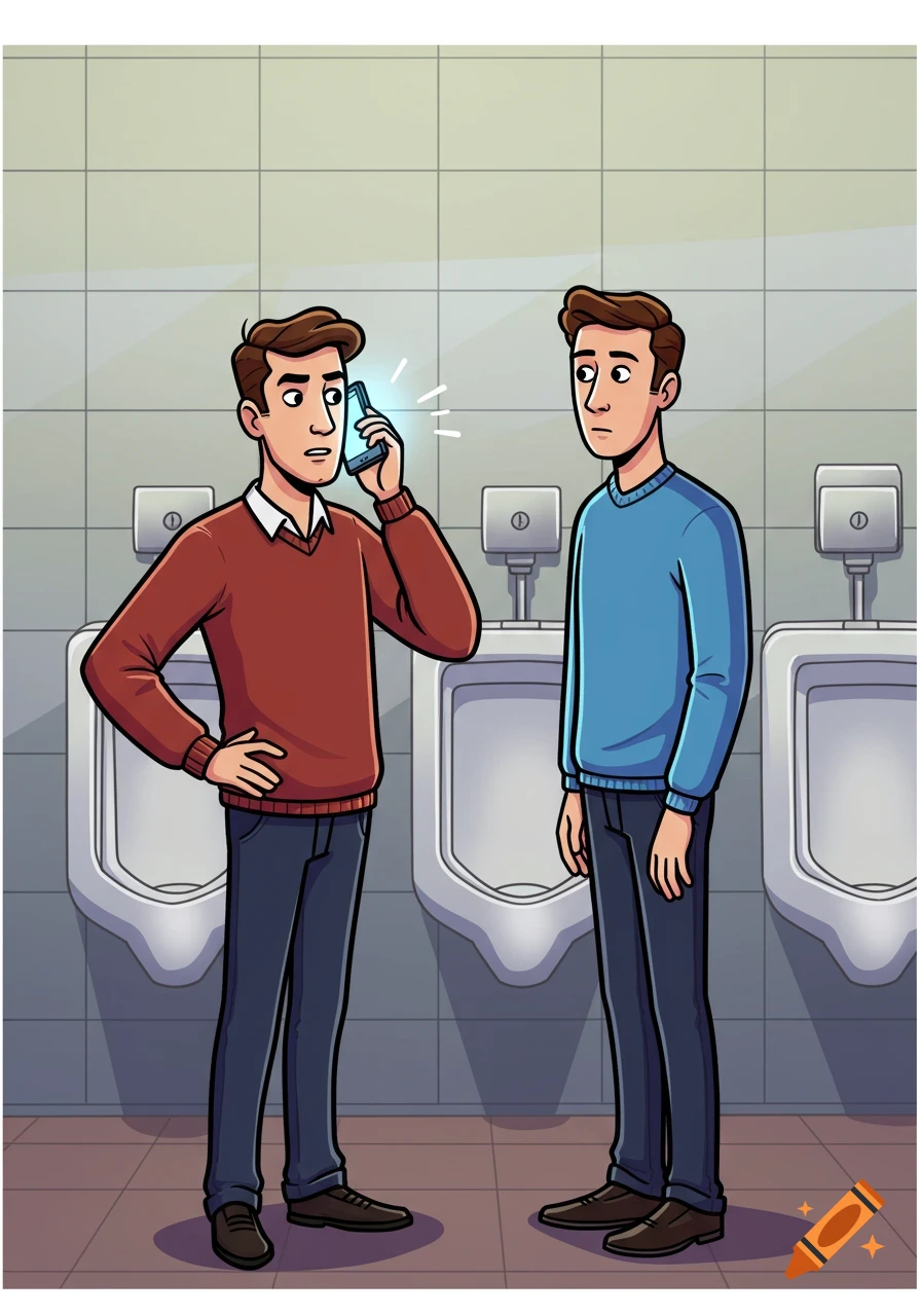 Cartoon of two men in a public restroom with urinals. One man talks on a glowing phone while the other listens.
