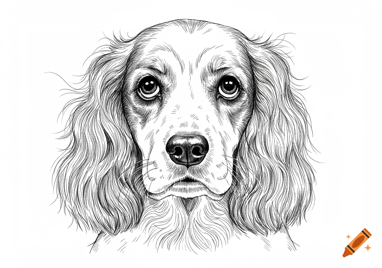 A black and white hand-drawn illustration of a spaniel's head looking forward.
