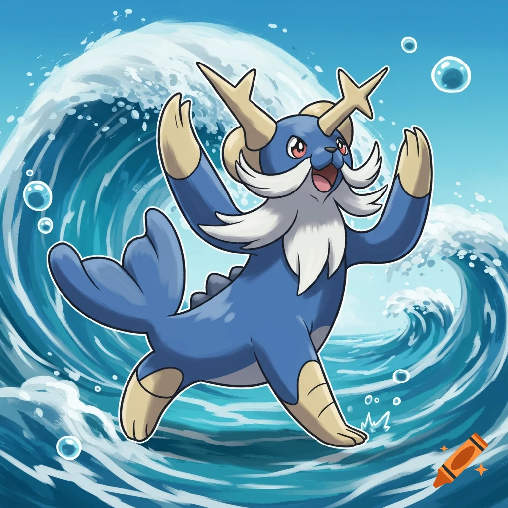 A cartoon blue Samurott Pokemon in a funny pose, splashing in the ocean waves with bubbles around it.