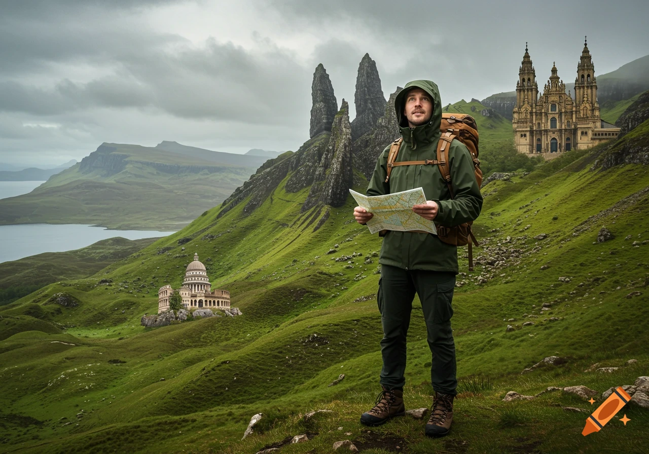 A male hiker with a backpack and map stands in a green, mountainous landscape with surreal architectural landmarks in the background.