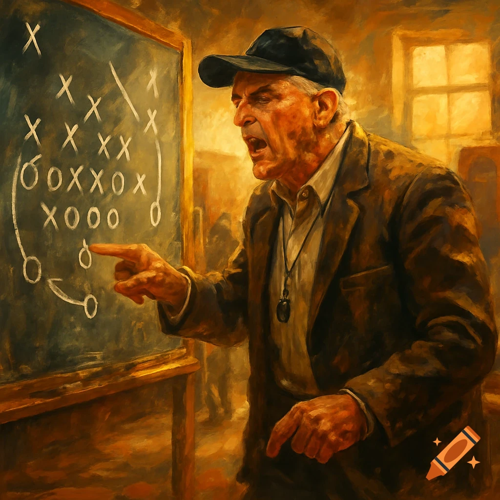 A passionate old football coach in an oil painting style, yelling and pointing at a chalkboard filled with X's and O's.