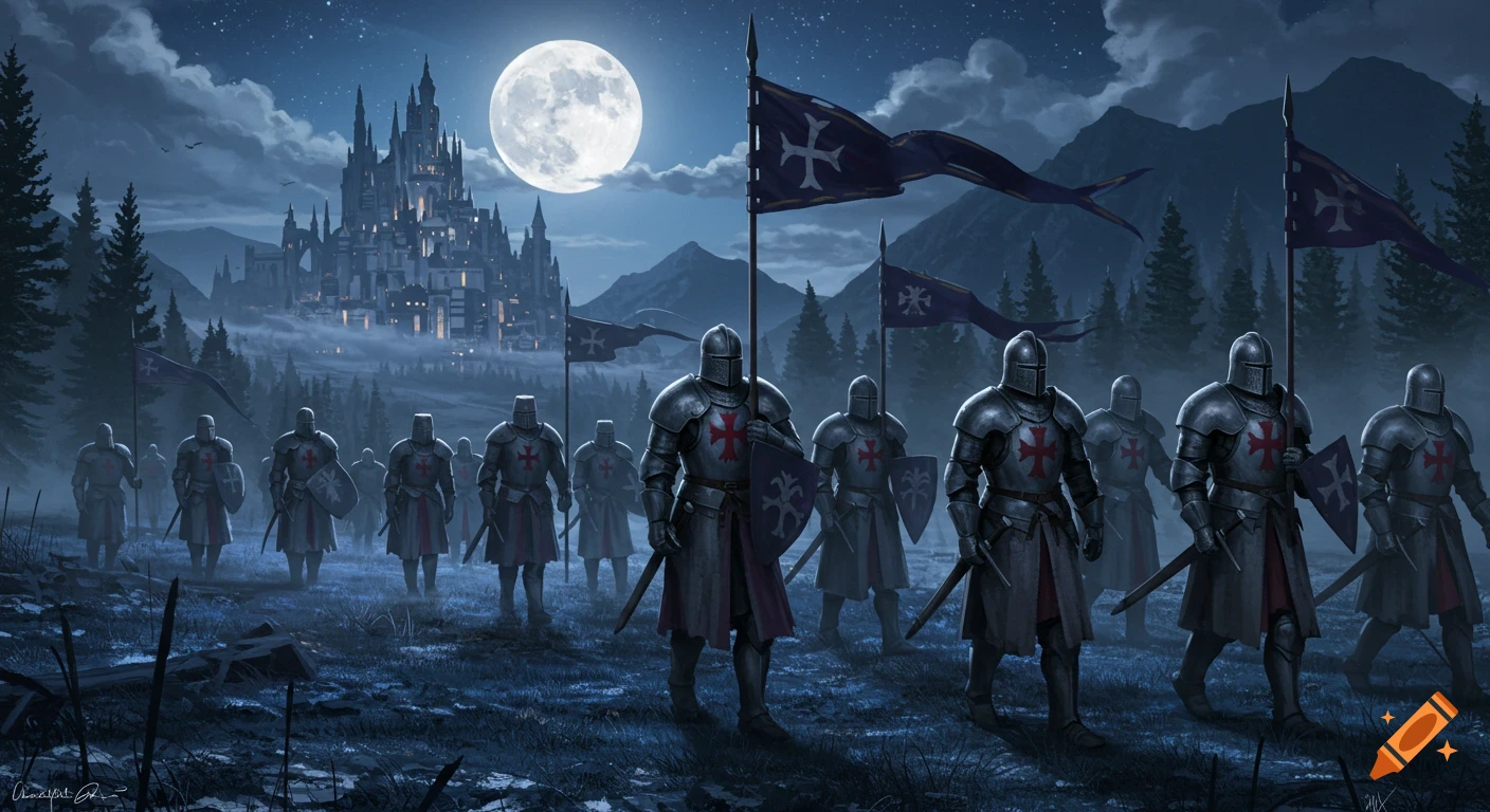 An army of armored knights with red crosses marching at night towards a glowing castle under a large full moon in a forested, mountainous landscape.