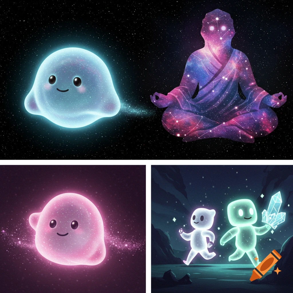 A four-panel grid of digital art. Top left: A cute, blue, glowing, amorphous creature. Top right: A silhouette of a meditating figure filled with galaxies. Bottom left: A cute, pink, glowing, amorphous creature. Bottom right: Two cute, glowing, human-like figures, one holding a crystal.