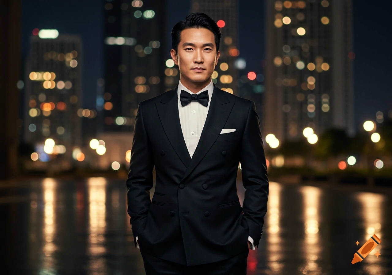 Photorealistic portrait of a man in a black tuxedo and bow tie, standing at night with blurred city lights in the background.