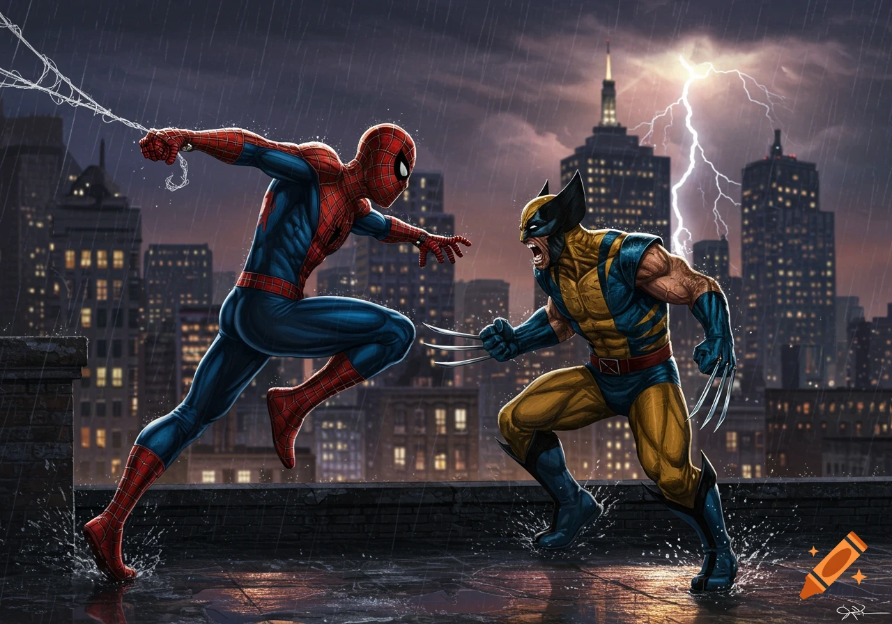 Spider-Man and Wolverine battle on a rainy city rooftop under a stormy sky with lightning, in a dynamic comic book art style.