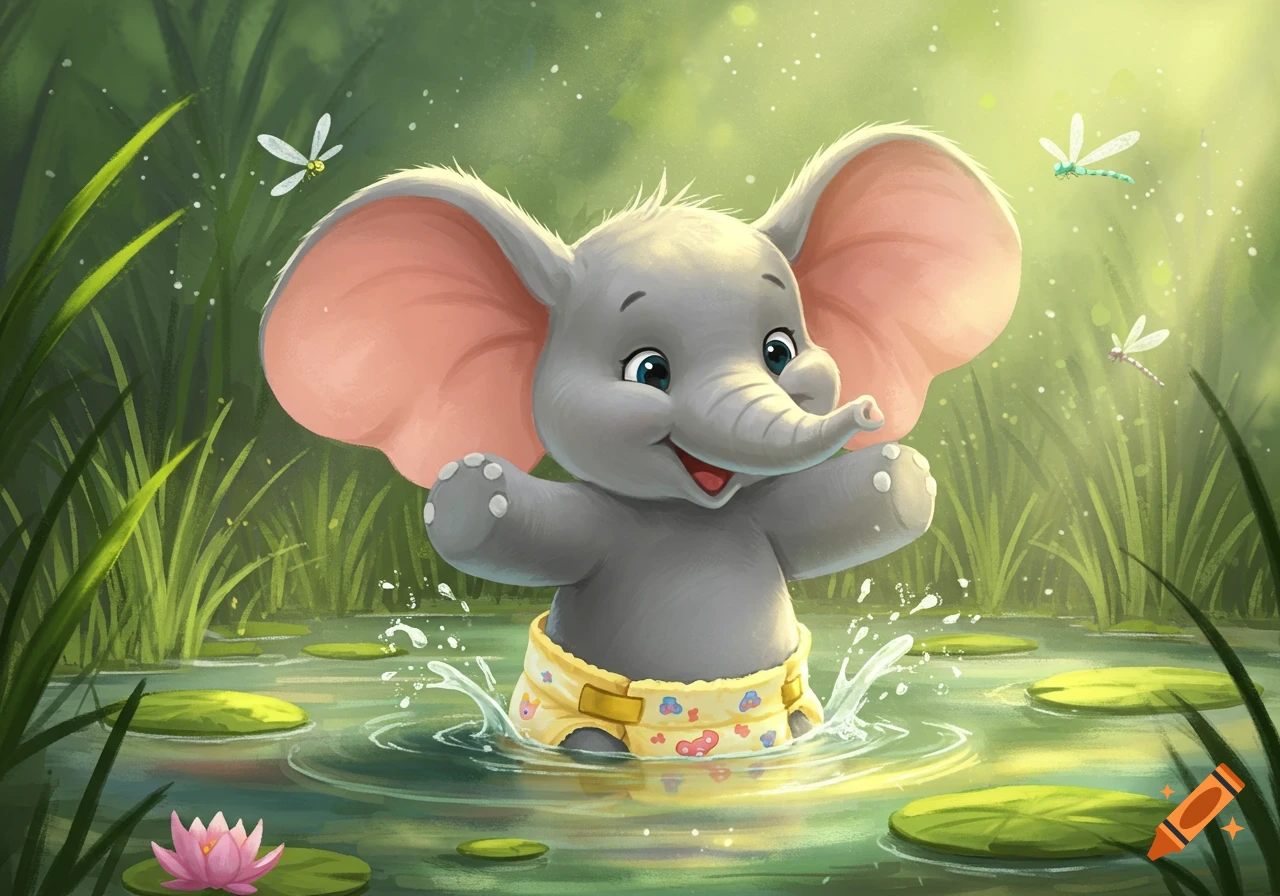 A cute cartoon baby elephant wearing a yellow diaper happily splashes in a pond with lily pads and dragonflies.