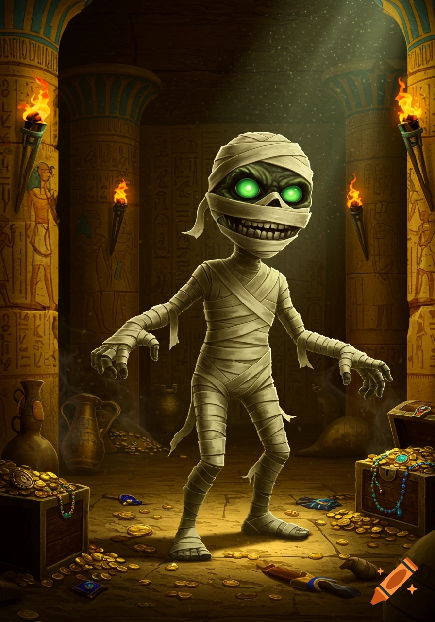 A cartoonish mummy with green eyes stands amidst gold treasure in a detailed ancient Egyptian tomb.