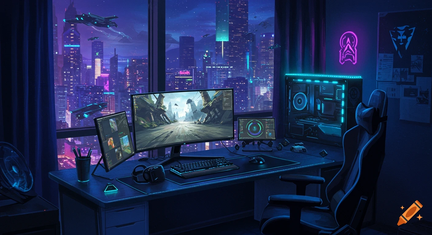 A futuristic gaming PC setup with multiple monitors displaying sci-fi scenes in an apartment overlooking a neon-lit cyberpunk city at night.