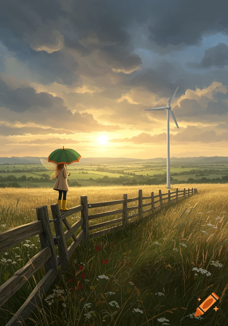 A pixie-like woman stands on a wooden fence in a golden field with wildflowers, holding a green umbrella under a stormy, sunset sky with a wind turbine in the distance.