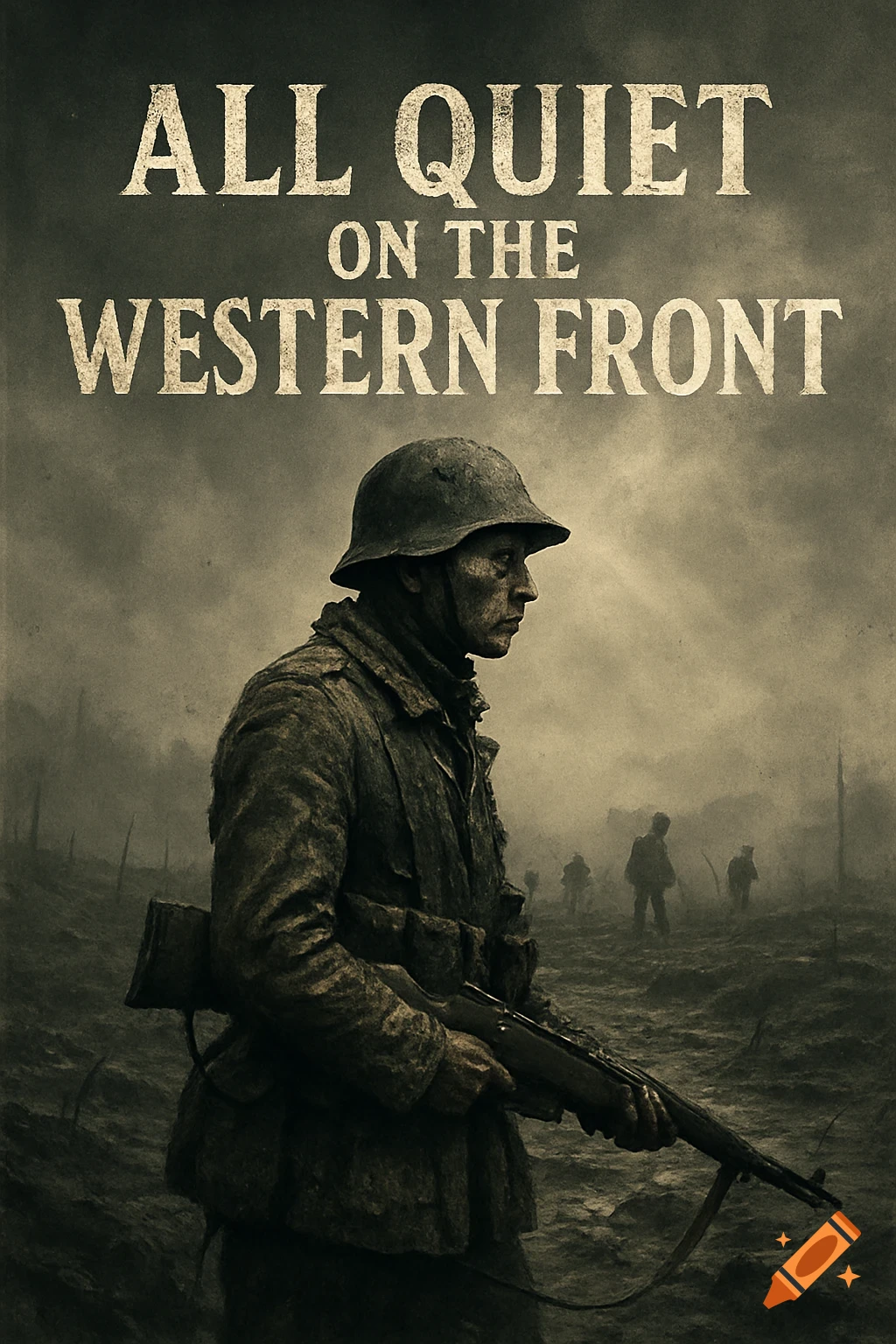 A vintage-style movie poster for 'All Quiet on the Western Front' showing a soldier with a rifle in a desolate, war-torn landscape.