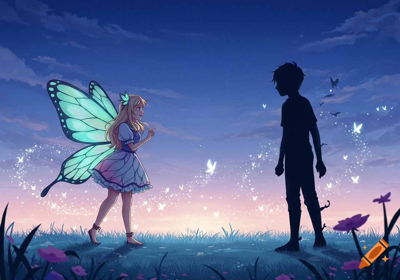Anime fairy girl with large green wings facing a silhouetted boy in a field at sunset, surrounded by glowing butterflies.