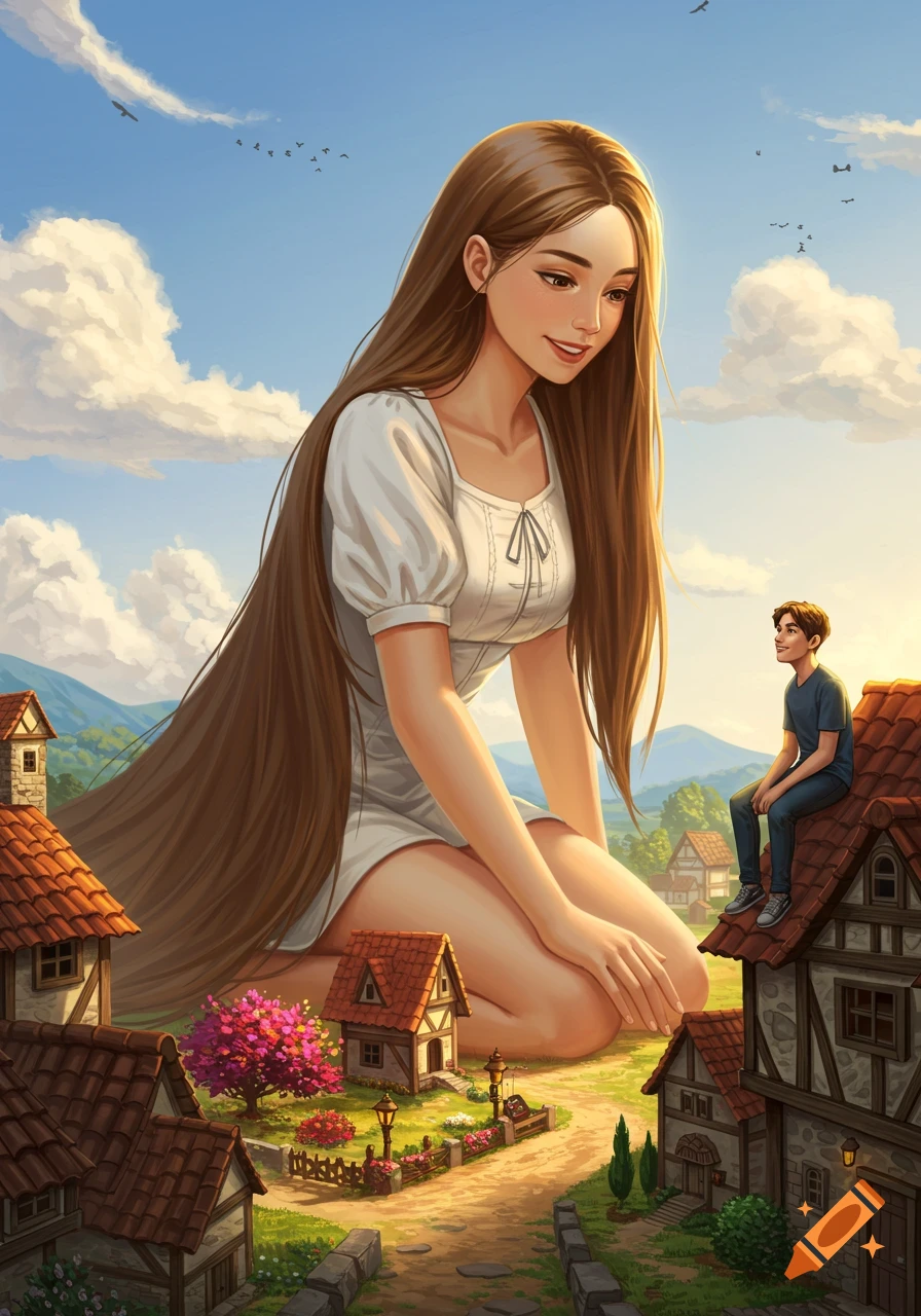 A giant woman with long brown hair kneels in a village, looking at her smiling boyfriend sitting on a house roof.