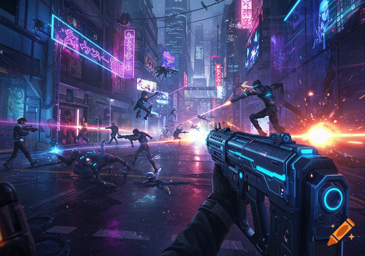 First-person view of a futuristic battle in a neon-lit cyberpunk city, with anime-style characters firing laser guns amidst explosions.