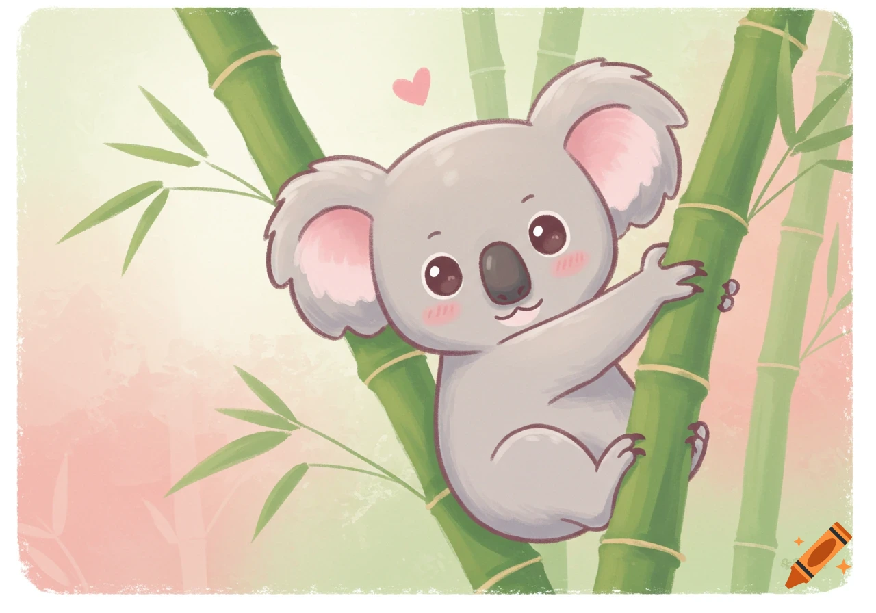 A cute cartoon koala bear with rosy cheeks clings to a green bamboo stalk, with a pink heart floating above its head. The background is a soft pink and green gradient.