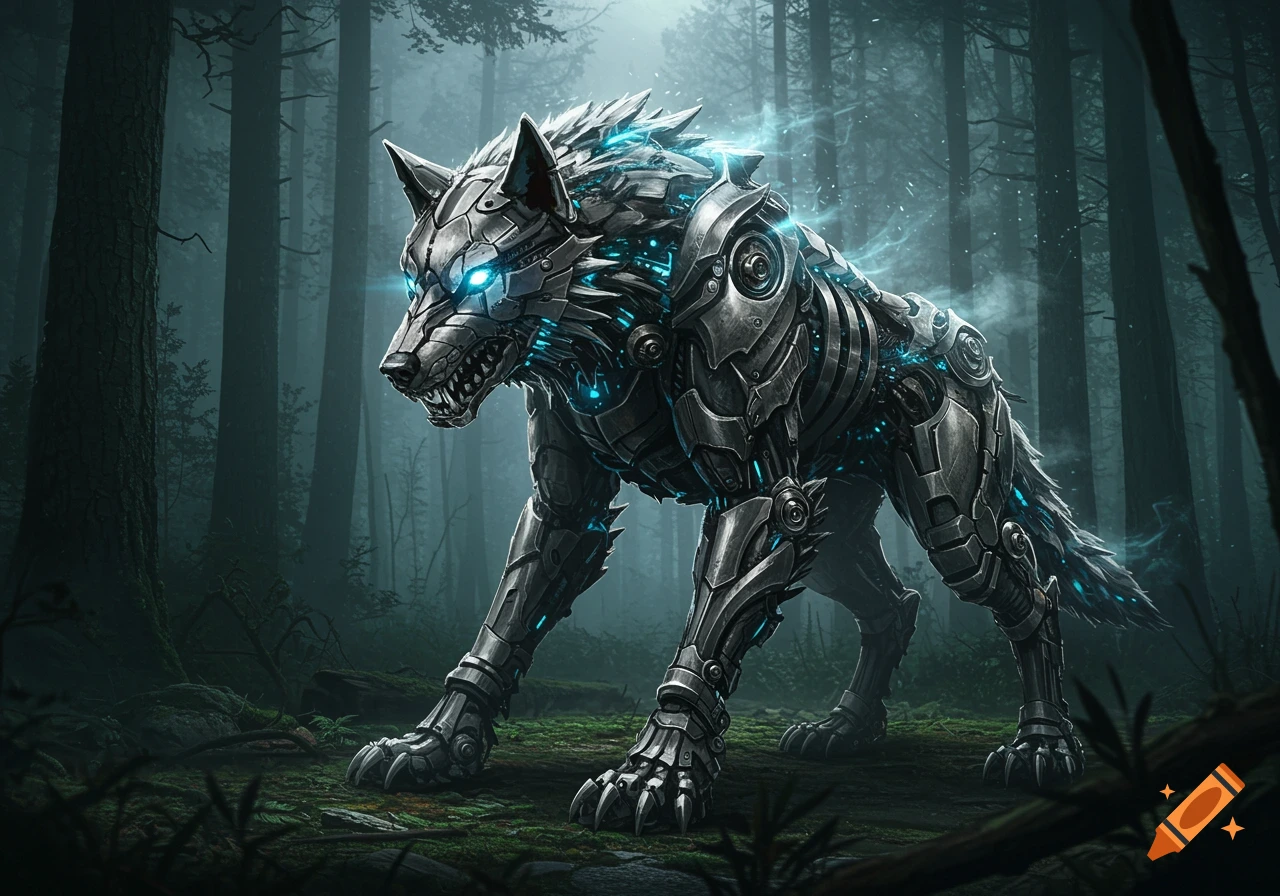 A photorealistic robotic wolf with glowing blue eyes and accents stands in a misty, dark forest.