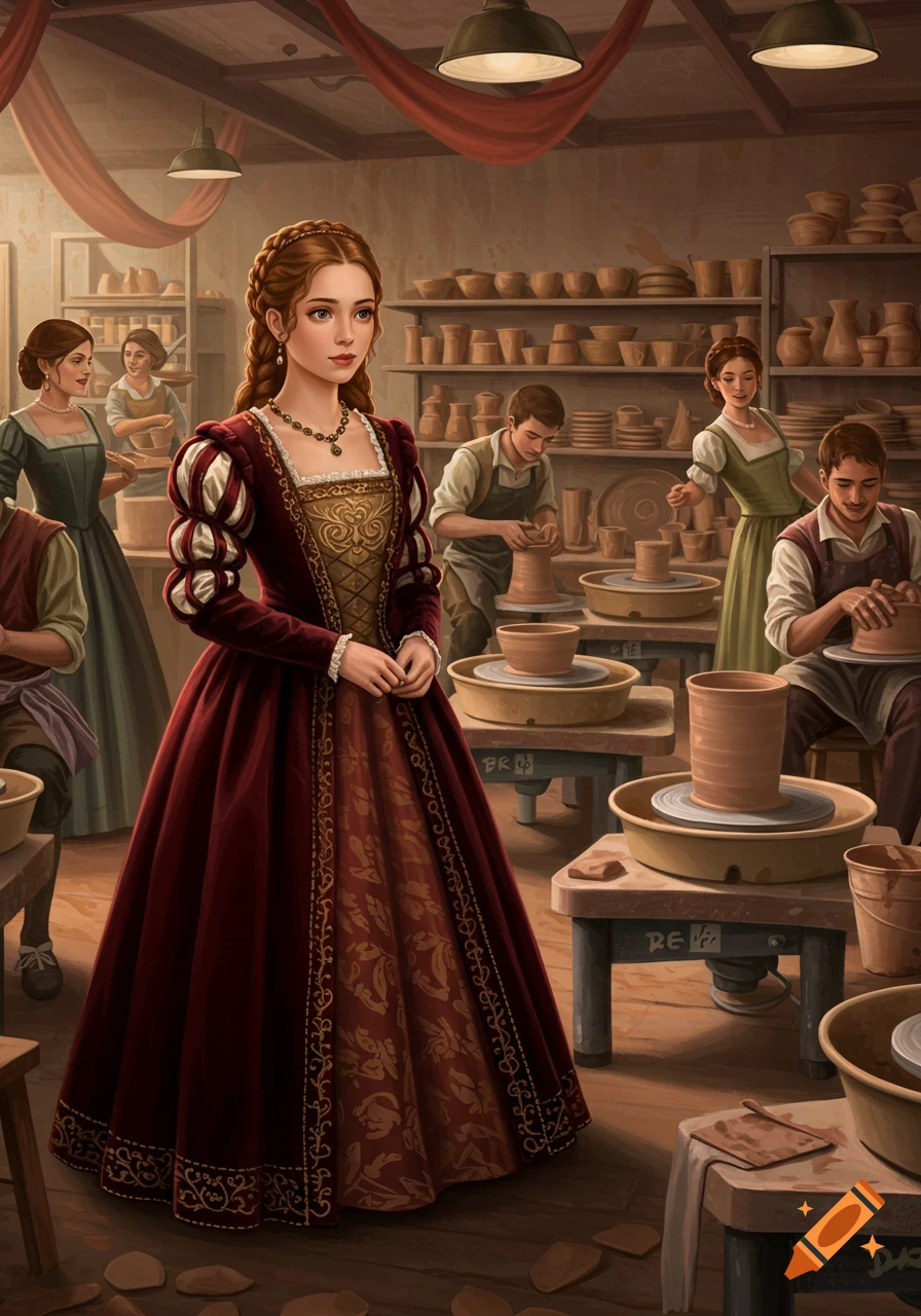 A woman in a red Renaissance gown stands in a pottery workshop, where several people are working at pottery wheels and shelves are filled with clay pots.