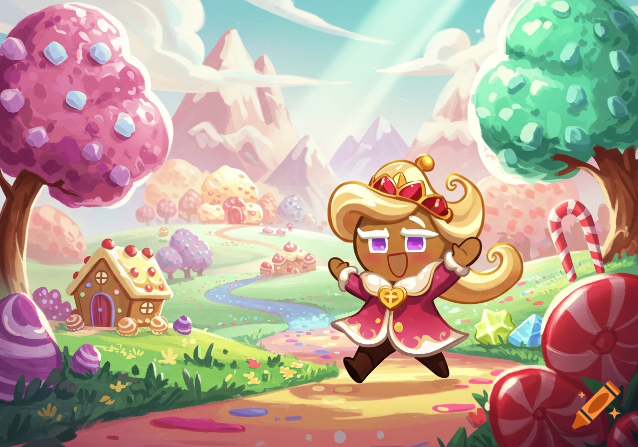 A cheerful cookie character skips through a vibrant, whimsical candy land with gingerbread houses and lollipop trees.