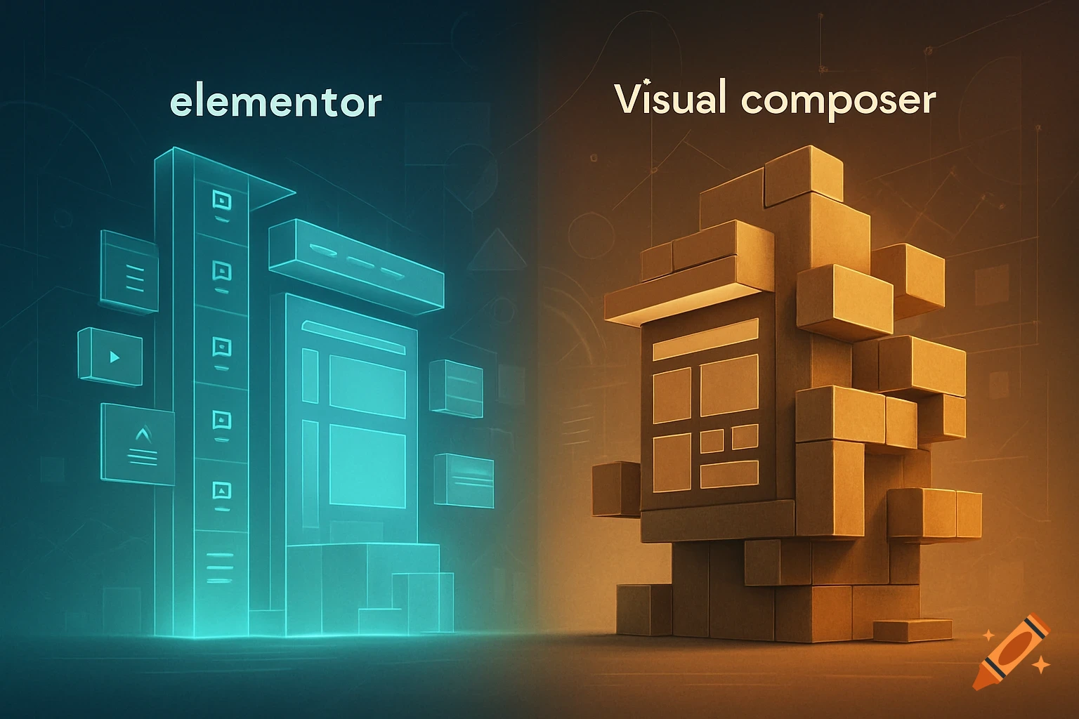 Abstract comparison of Elementor and Visual Composer, showing a glowing blue UI and a blocky orange structure.