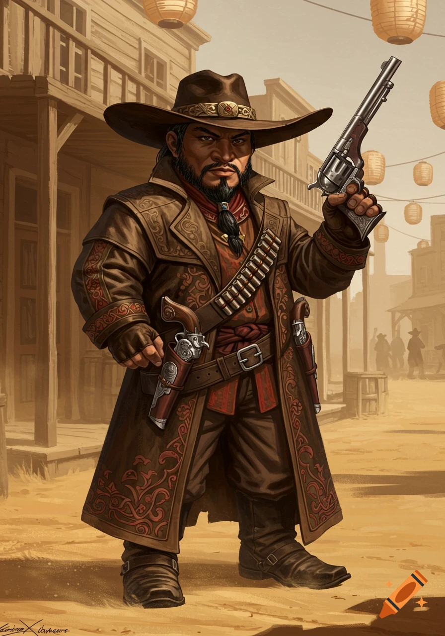 A dwarf gunslinger in a brown trench coat and cowboy hat stands in an old western town, holding a pistol and looking intently.