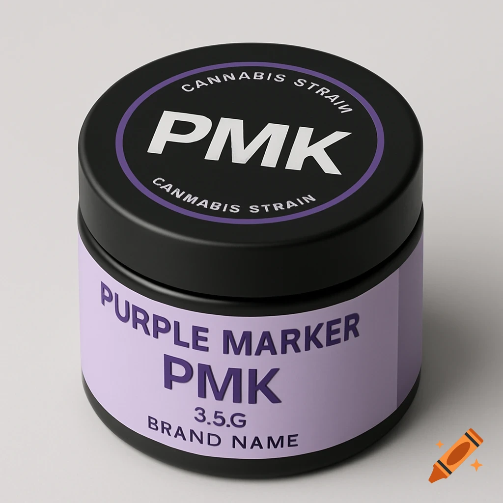 A high-quality product mockup of a black, straight-sided jar with lavender and purple labels for a cannabis strain called Purple Marker PMK.