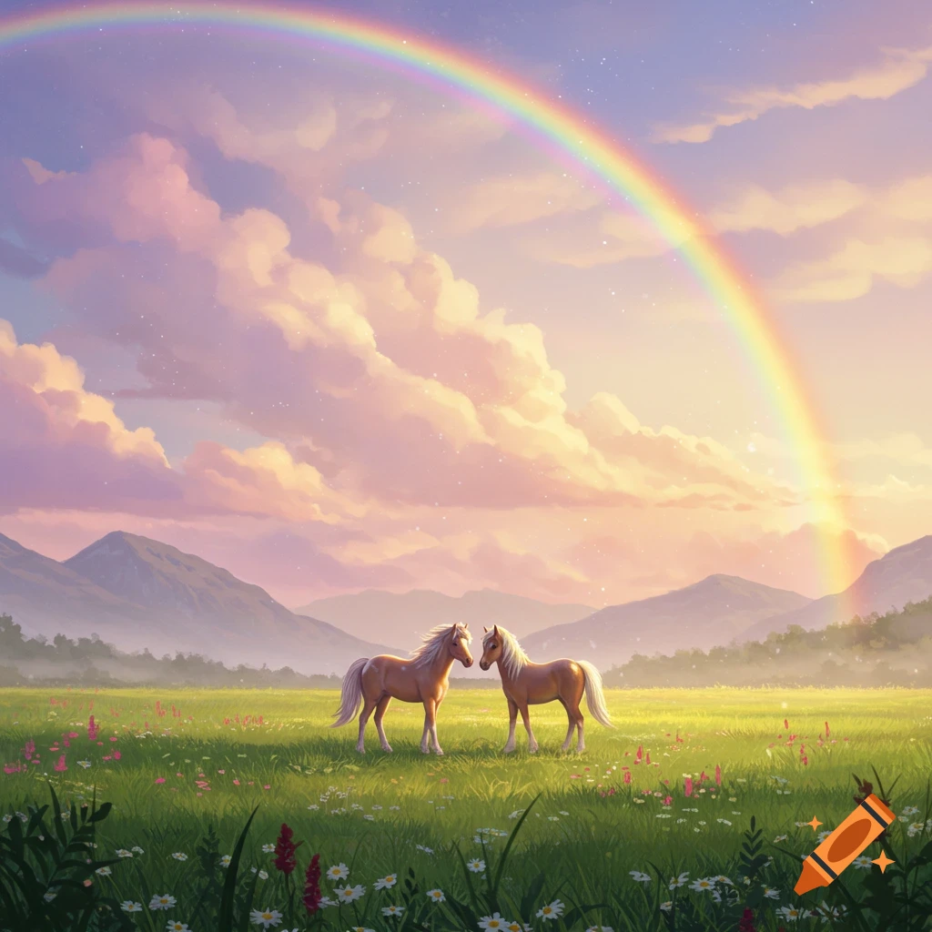 Two ponies stand in a vibrant green meadow under a colorful rainbow and a pink cloudy sky with mountains in the background, in a whimsical art style.