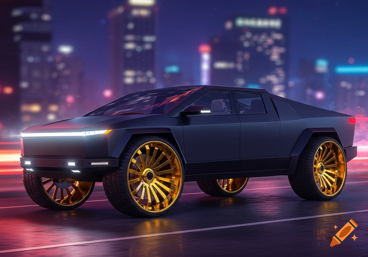 A black Tesla Cybertruck with large, shiny gold rims on a wet, neon-lit city street at night, photorealistic.