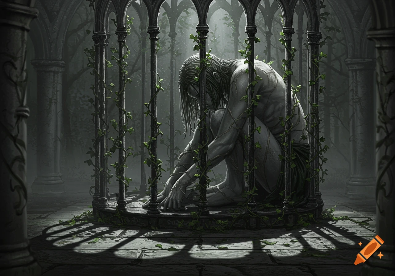 A gaunt figure with long hair sits cowering in a vine-covered gothic cage, dark fantasy art.