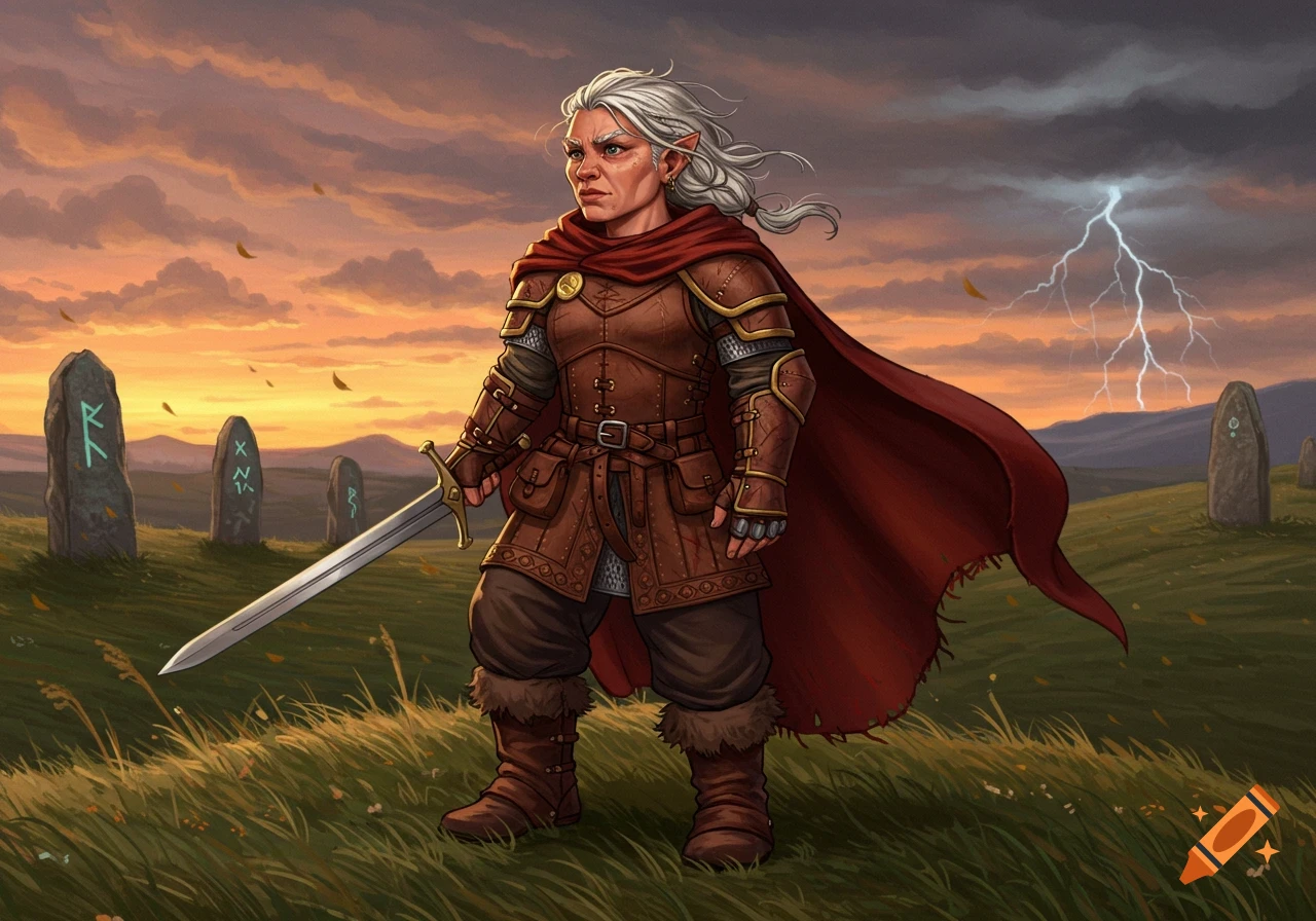 An elderly warrior in brown armor and red cape holds a sword in a grassy field with runic stones under a stormy sunset sky.