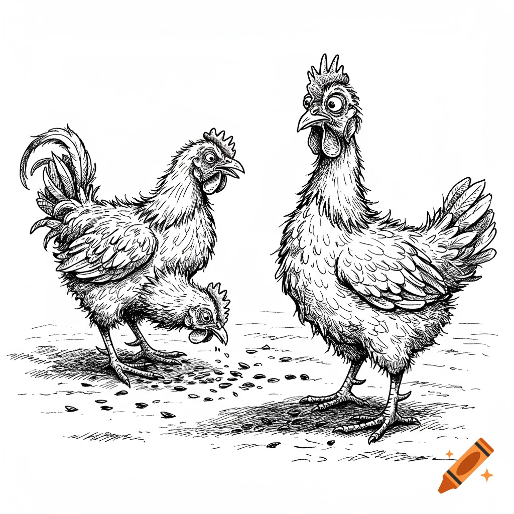 Three stylized black and white chickens, one pecking at seeds on the ground.