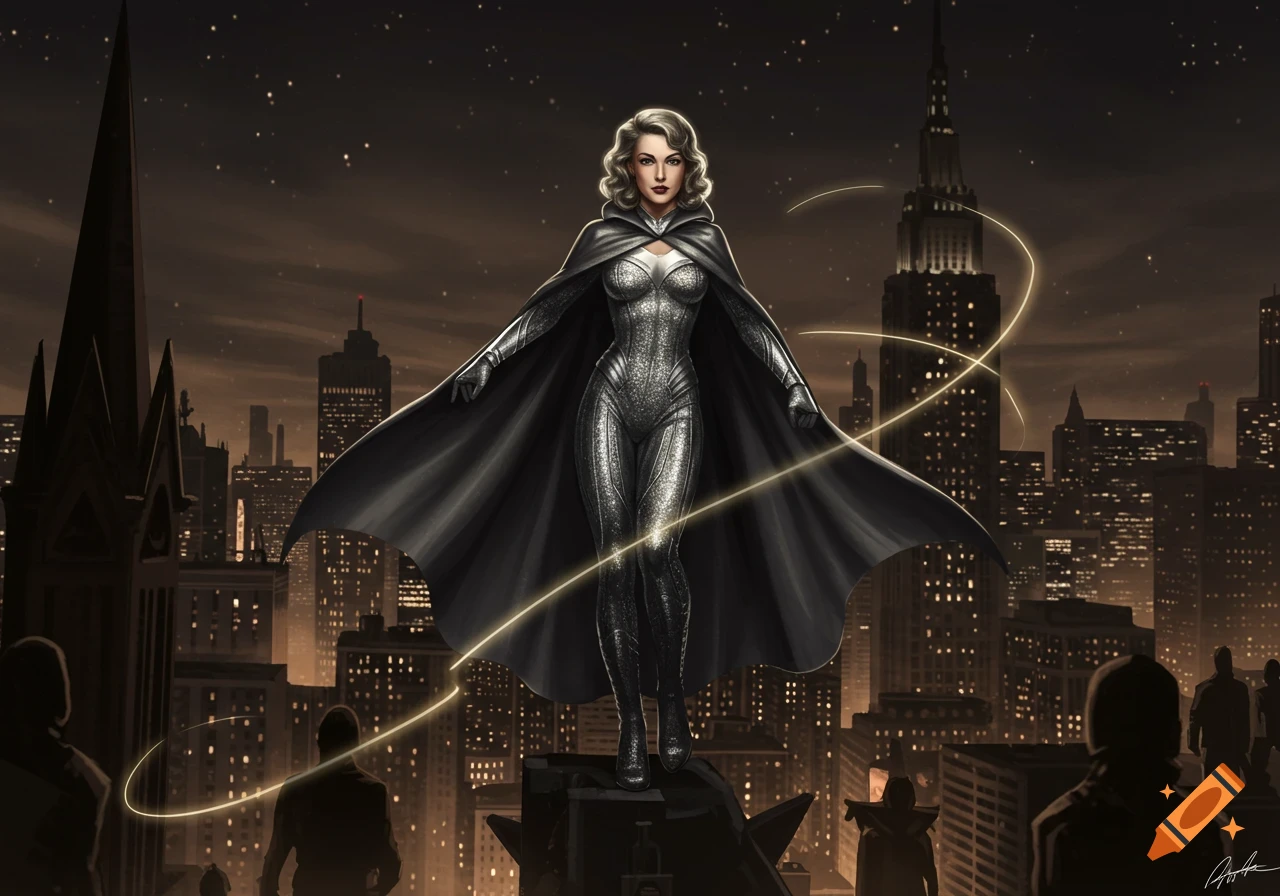 A 1940s female superhero in a silver suit and black cape stands on a city rooftop at night, glowing lines surround her.