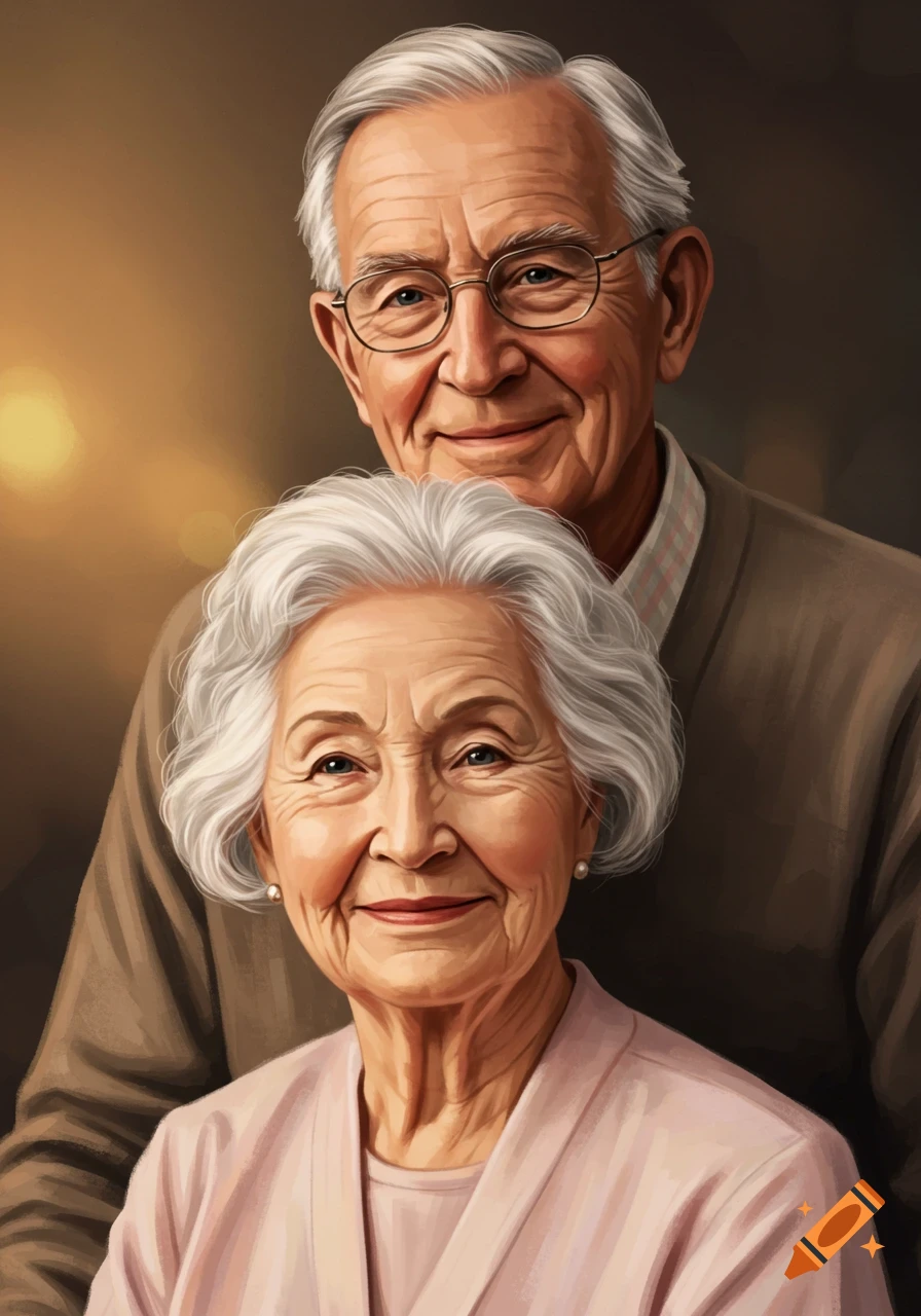 Digital painting of a smiling elderly couple, with the grandfather behind the grandmother.