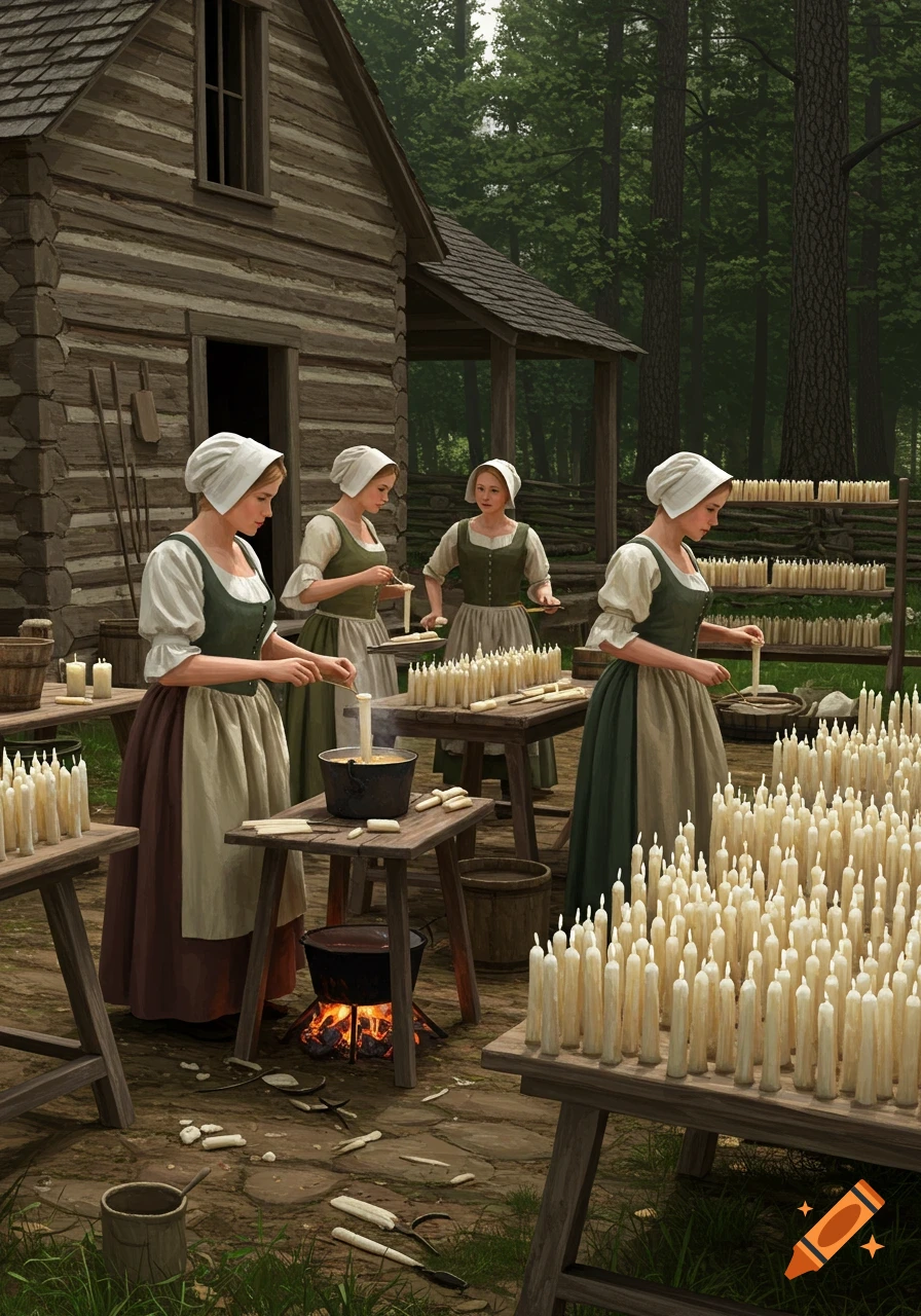 Several women in colonial-era dresses make hand-dipped candles outside a rustic log cabin, surrounded by tables of candles and forest in a realistic style.