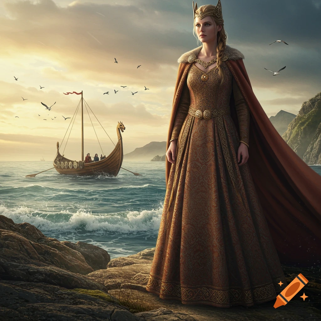 Photorealistic image of a Viking woman in ornate brown dress and crown standing on rocks by ocean with longship and seagulls.
