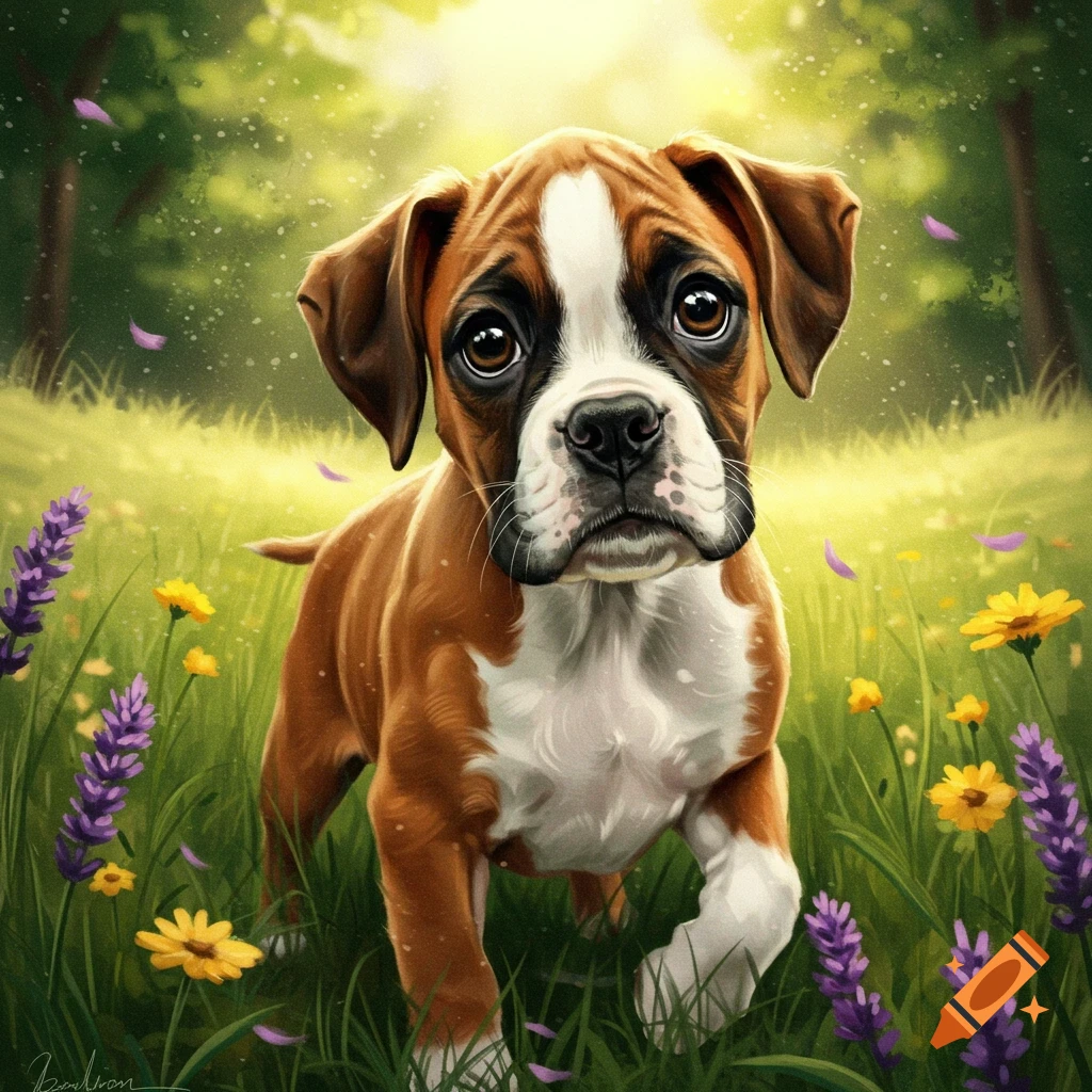 A cute boxer puppy with big eyes stands in a vibrant green field filled with purple and yellow flowers under a bright sun.