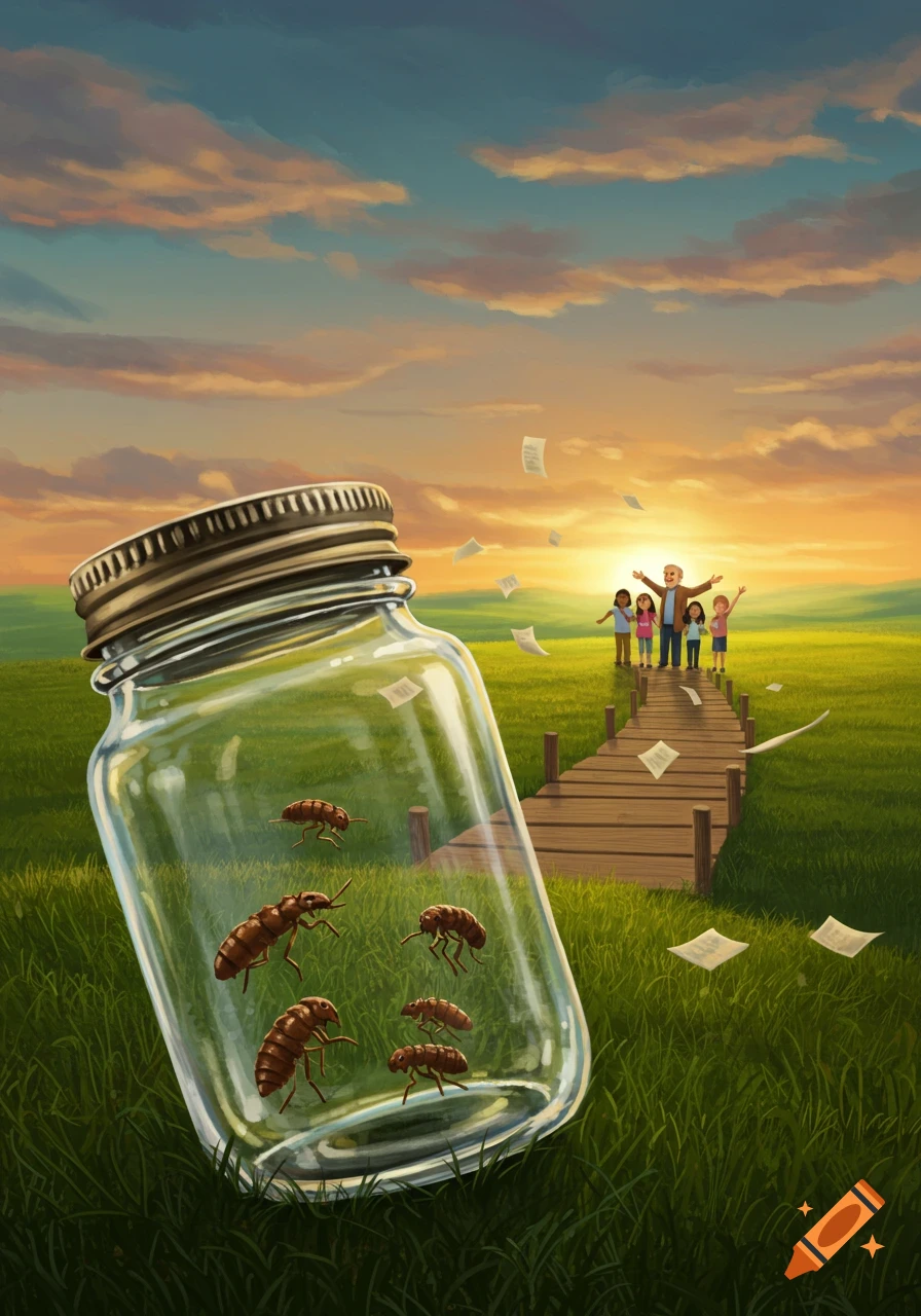 An illustrated scene with a tilted glass jar containing fleas in green grass. A wooden pier leads to people watching a sunset in the background, with papers flying.