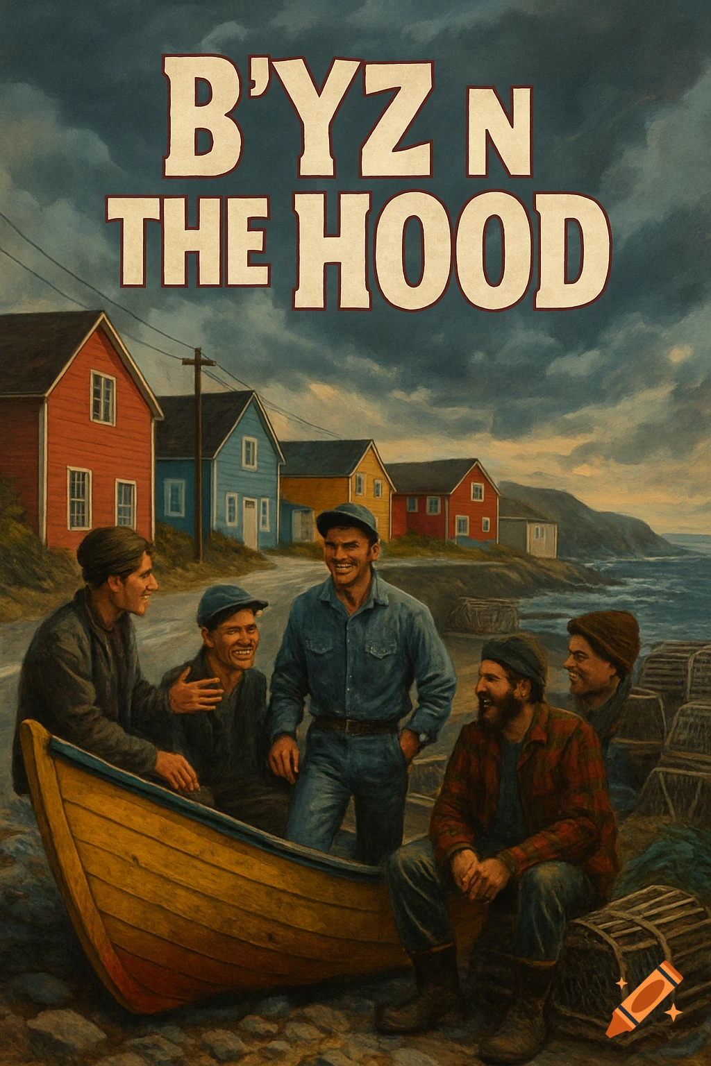 A vintage-style painting depicting a group of laughing fishermen by a wooden boat on a rocky shore, with colorful houses and a stormy sea in the background. The title "B'YZ N THE HOOD" is prominently displayed at the top.